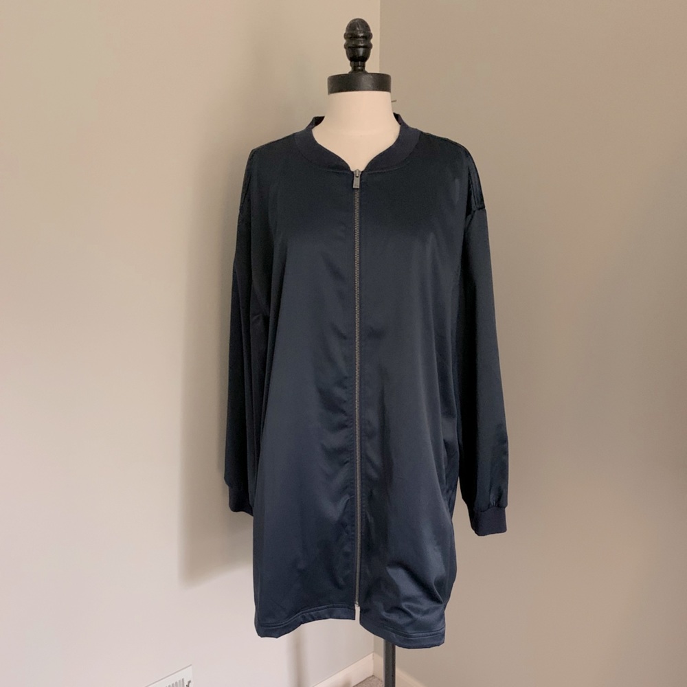Navy satin long line zip-up jacket